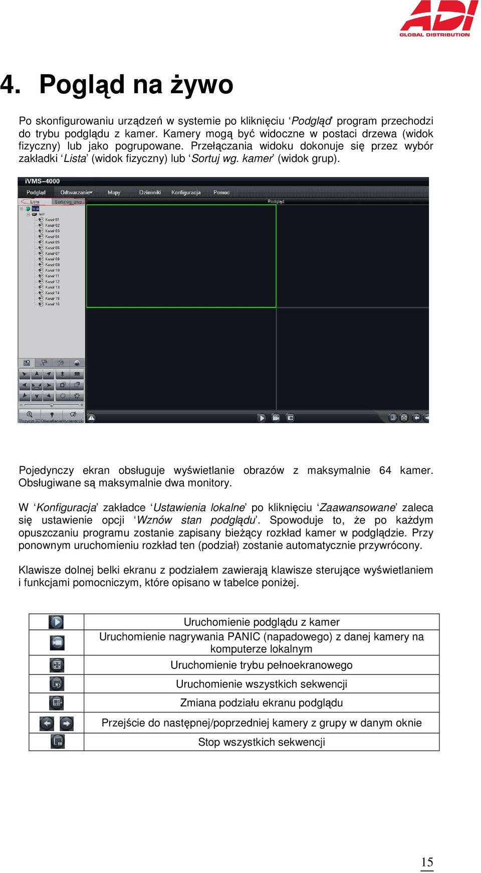 Pojedynczy ekran obsługuje wyświetlanie obrazów z maksymalnie 64 kamer. Obsługiwane są maksymalnie dwa monitory.