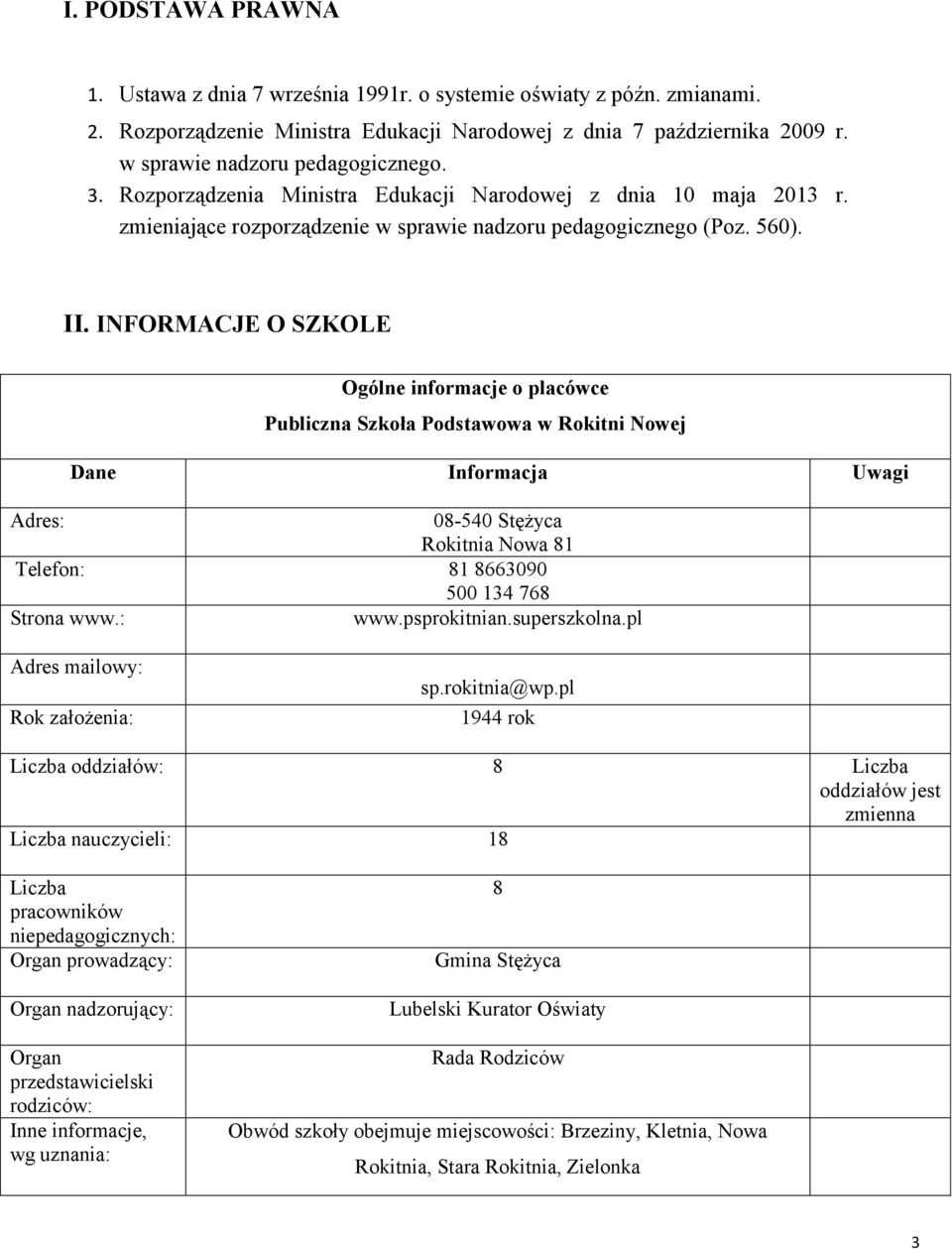 INFORMACJE O SZKOLE Ogólne informacje o placówce Publiczna Szkoła Podstawowa w Rokitni Nowej Dane Informacja Uwagi Adres: 08-540 Stężyca Rokitnia Nowa 81 Telefon: 81 8663090 500 134 768 Strona www.