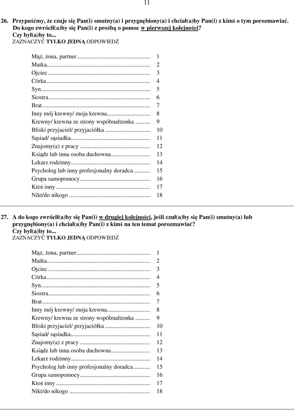 .. 9 Bliski przyjaciel/ przyjaciółka... 10 Sąsiad/ sąsiadka... 11 Znajomy(a) z pracy... 12 Ksiądz lub inna osoba duchowna... 13 Lekarz rodzinny... 14 Psycholog lub inny profesjonalny doradca.