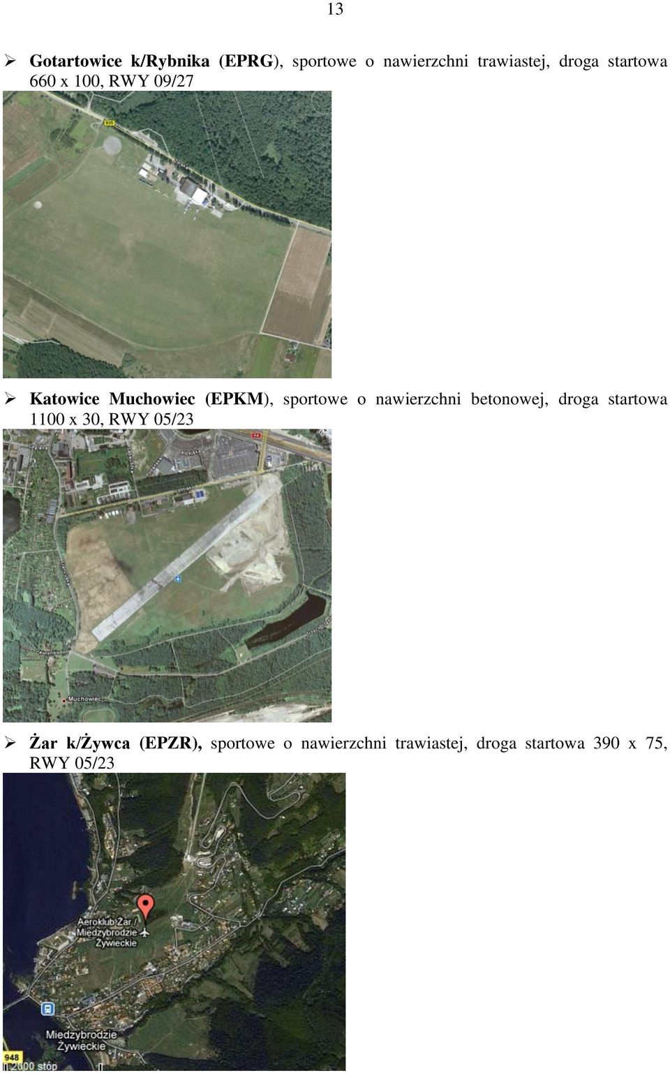 o nawierzchni betonowej, droga startowa 1100 x 30, RWY 05/23 Żar k/żywca