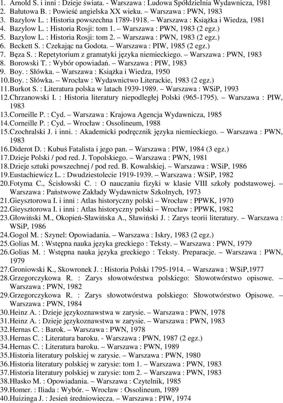 : Czekając na Godota. Warszawa : PIW, 1985 (2 egz.) 7. Bęza S. : Repetytorium z gramatyki języka niemieckiego. Warszawa : PWN, 1983 8. Borowski T. : Wybór opowiadań. Warszawa : PIW, 1983 9. Boy.