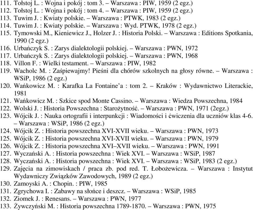 Warszawa : Editions Spotkania, 1990 (2 egz.) 116. Urbańczyk S. : Zarys dialektologii polskiej. Warszawa : PWN, 1972 117. Urbańczyk S. : Zarys dialektologii polskiej. Warszawa : PWN, 1968 118.