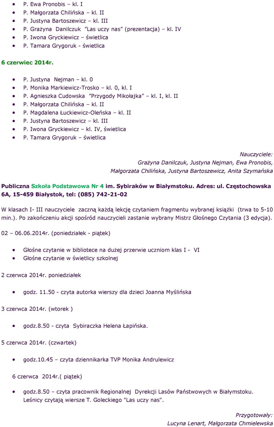 Małgorzata Chilińska kl. II P. Magdalena Łuckiewicz-Oleńska kl. II P. Justyna Bartoszewicz kl. III P. Iwona Gryckiewicz kl. IV, świetlica P.