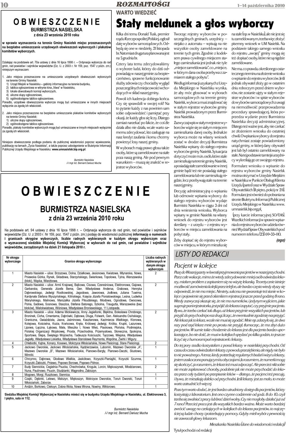 Ordynacja wyborcza do rad gmin, rad powiatów i sejmików województw (Dz. U. z 2003 r. Nr 159, poz. 1547 z późn. zm.) niniejszym wyznaczam: 1.