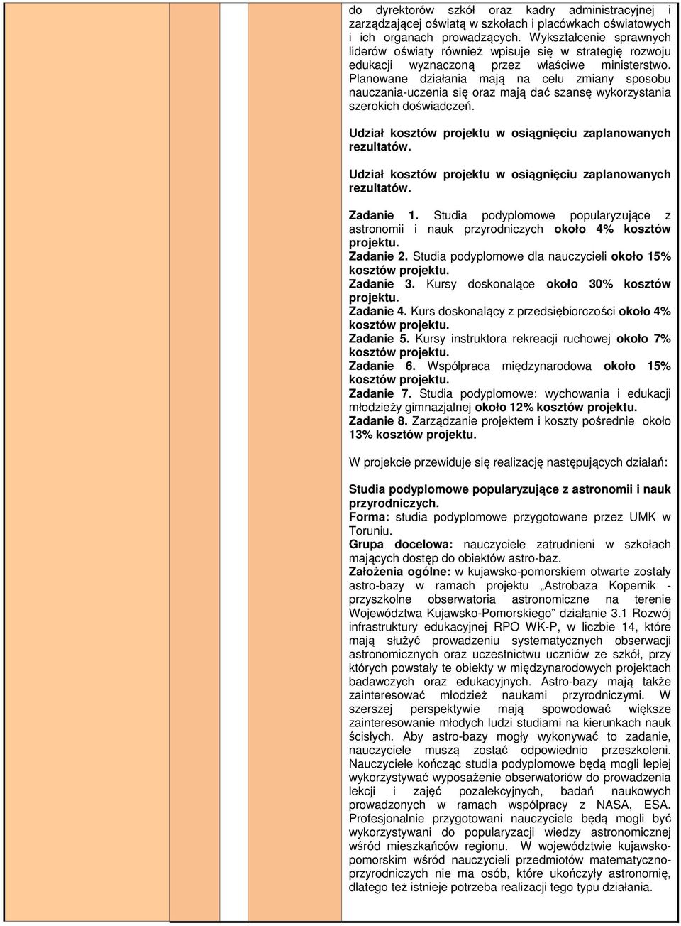 Planowane działania mają na celu zmiany sposobu nauczania-uczenia się oraz mają dać szansę wykorzystania szerokich doświadczeń. Udział kosztów projektu w osiągnięciu zaplanowanych rezultatów.