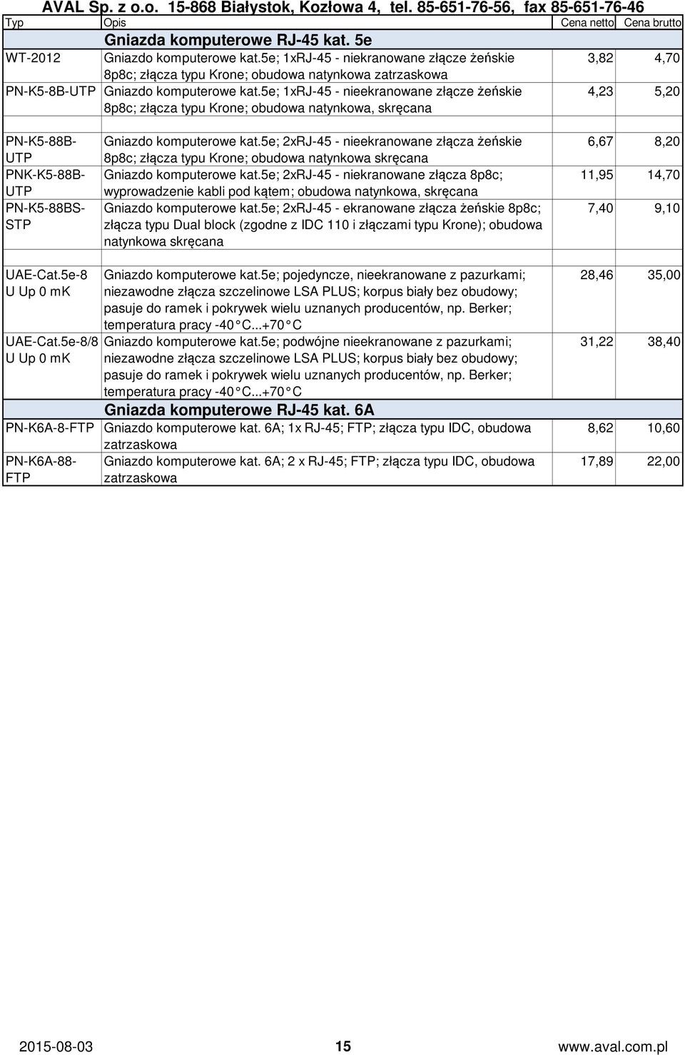 5e; 1xRJ-45 - nieekranowane złącze żeńskie 8p8c; złącza typu Krone; obudowa natynkowa, skręcana 4,23 5,20 PN-K5-88B- UTP PNK-K5-88B- UTP PN-K5-88BS- STP Gniazdo komputerowe kat.