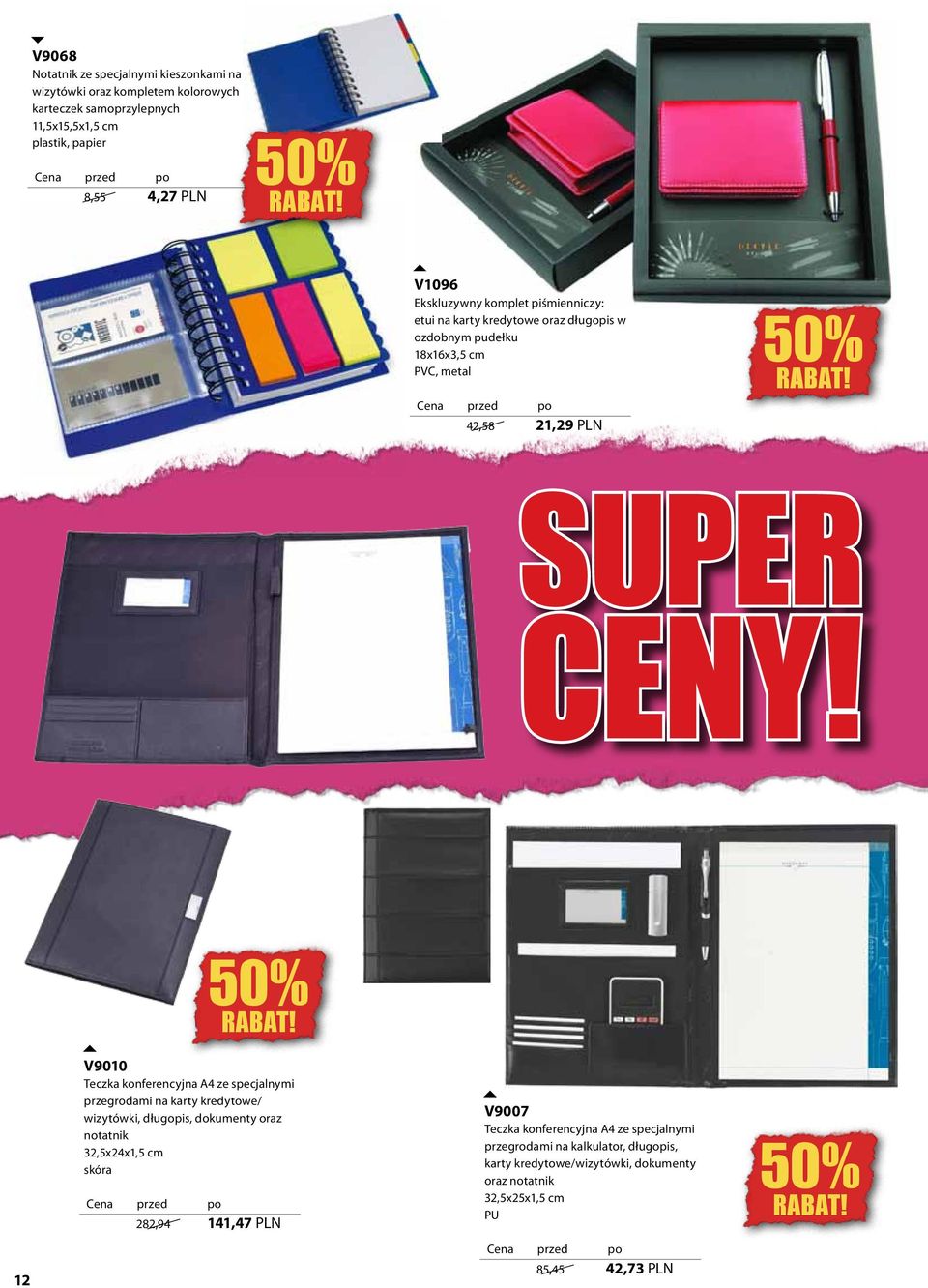 12 V9010 Teczka konferencyjna A ze specjalnymi przegrodami na karty kredytowe/ wizytówki, długopis, dokumenty oraz notatnik 2,x2x1, cm skóra 282,9