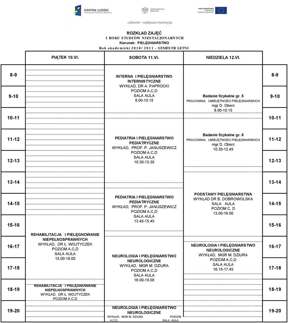 45-15.45 PODSTAWY PIELĘGNIARSTWA WYKŁAD DR B. DOBROWOLSKA POZIOM C, D 13.00-16.00 WYKŁAD, DR Ł.