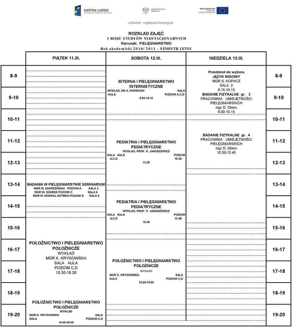 MOSKAL-SZYBKA POZIOM D 8 WYKŁAD, PROF. P. JANUSZEWICZ POZIOM A,C,D 13.45-15.45 POŁOŻNICTWO I PIELĘGNIARSTWO POŁOŻNICZE WYKŁAD MGR K. KRYGOWSKA 15.