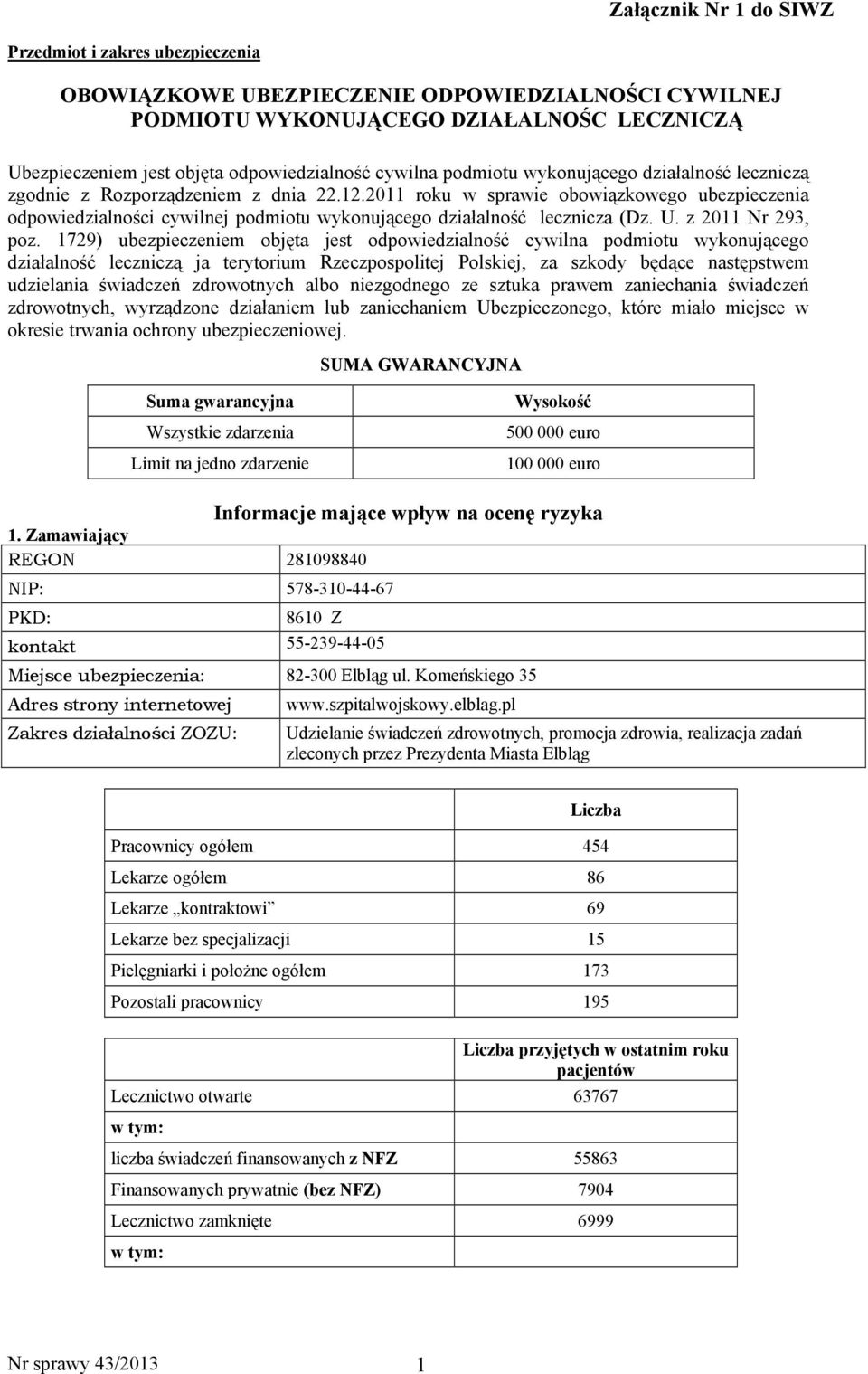 2011 roku w sprawie obowiązkowego ubezpieczenia odpowiedzialności cywilnej podmiotu wykonującego działalność lecznicza (Dz. U. z 2011 Nr 293, poz.