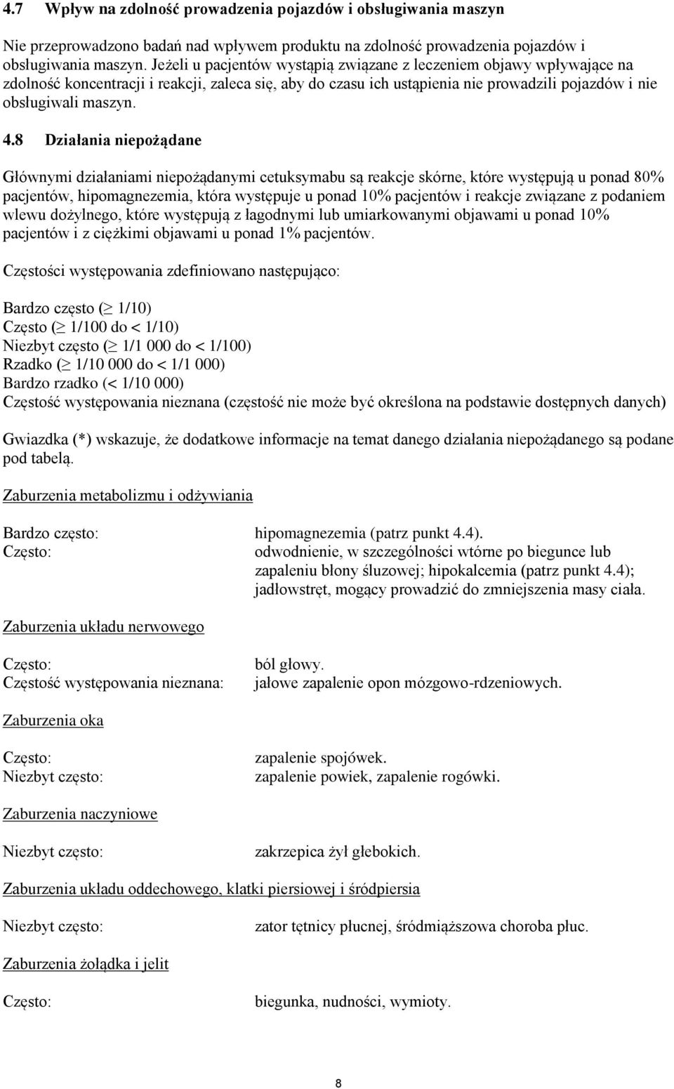 8 Działania niepożądane Głównymi działaniami niepożądanymi cetuksymabu są reakcje skórne, które występują u ponad 80% pacjentów, hipomagnezemia, która występuje u ponad 10% pacjentów i reakcje