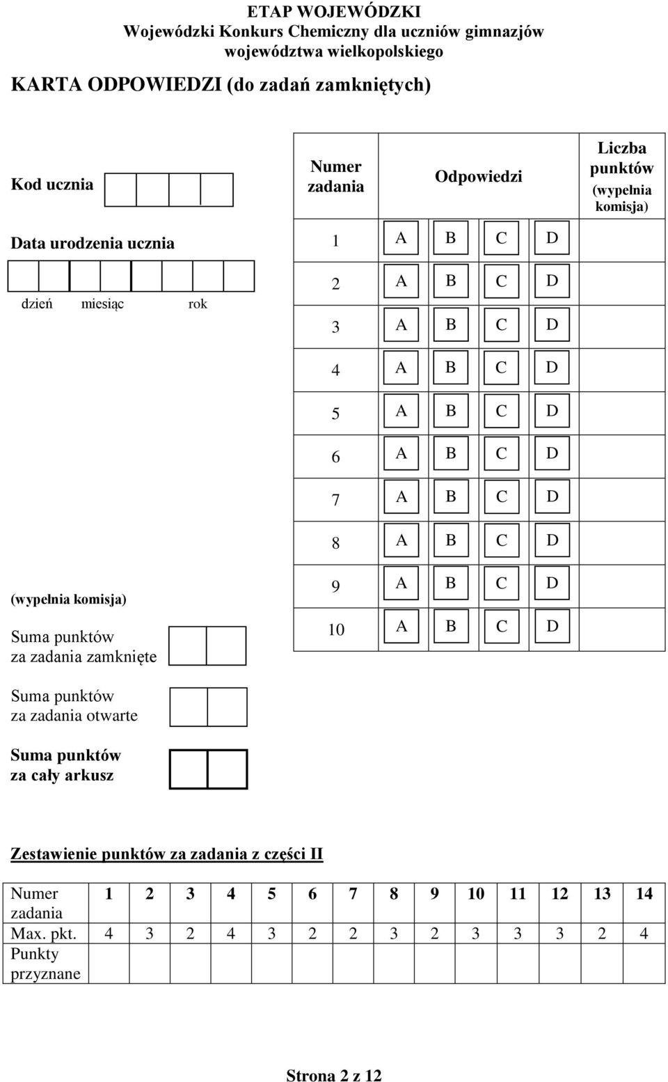 10 Suma punktów za zadania otwarte Suma punktów za cały arkusz Zestawienie punktów za zadania z części II