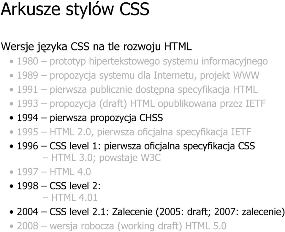 1995 HTML 2.0, pierwsza oficjalna specyfikacja IETF 1996 CSS level 1: pierwsza oficjalna specyfikacja CSS HTML 3.