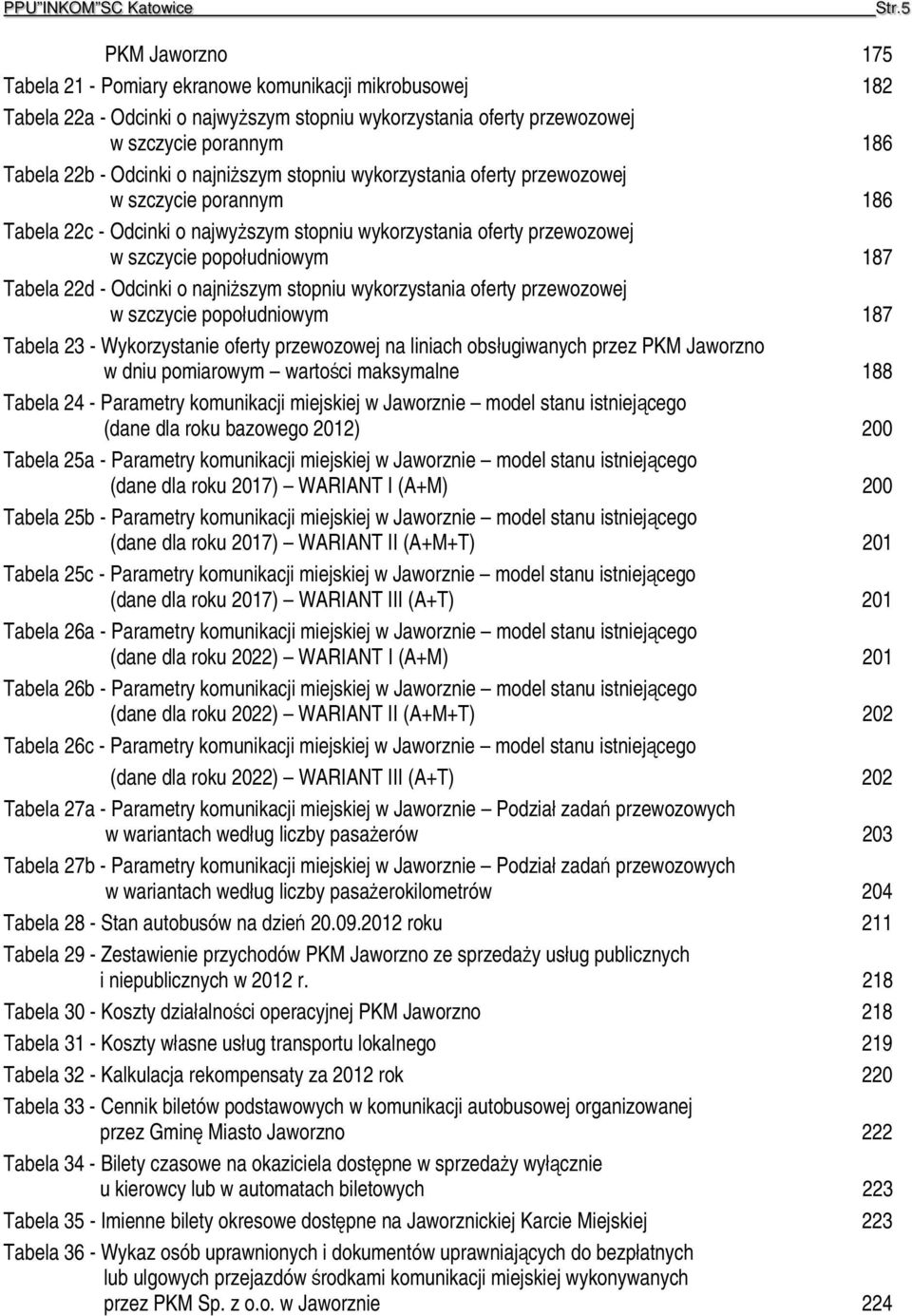 22d - Odcinki o najniższym stopniu wykorzystania oferty przewozowej w szczycie popołudniowym 187 Tabela 23 - Wykorzystanie oferty przewozowej na liniach obsługiwanych przez PKM Jaworzno w dniu