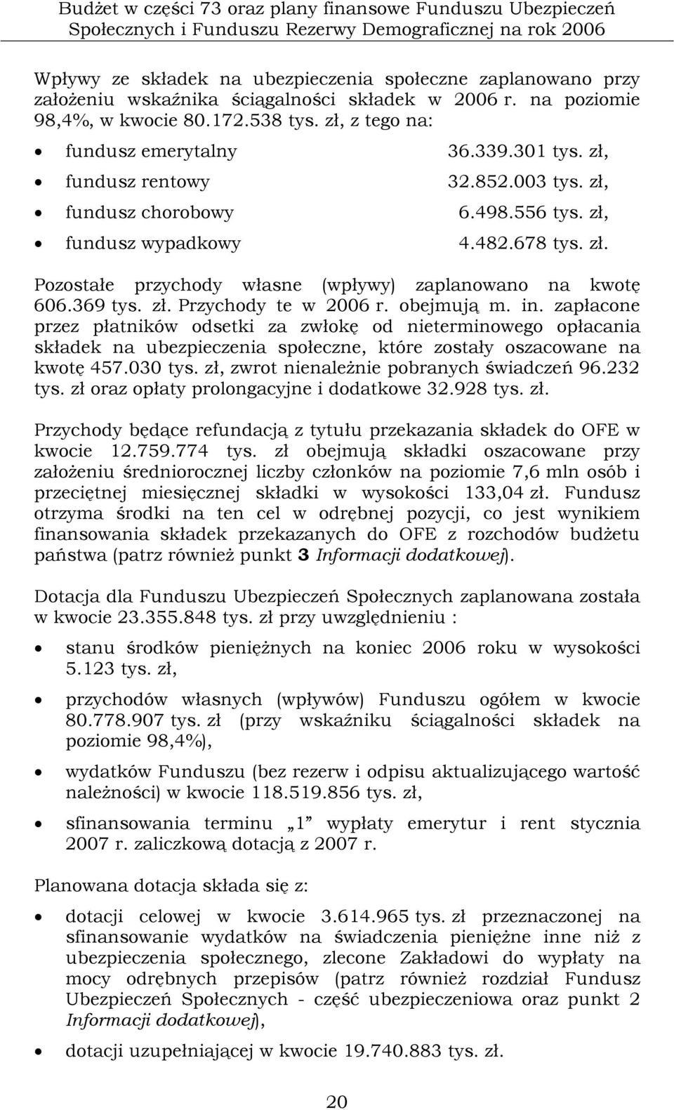 556 tys. zł, fundusz wypadkowy 4.482.678 tys. zł. Pozostałe przychody własne (wpływy) zaplanowano na kwotę 606.369 tys. zł. Przychody te w 2006 r. obejmują m. in.