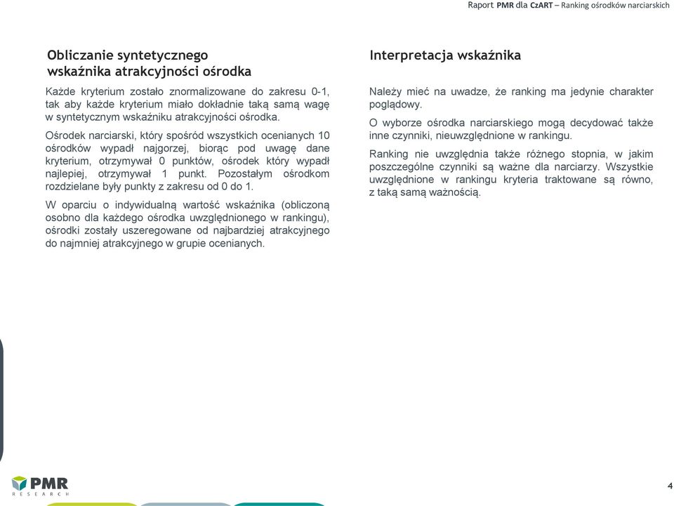 Ośrodek narciarski, który spośród wszystkich ocenianych 10 ośrodków wypadł najgorzej, biorąc pod uwagę dane kryterium, otrzymywał 0 punktów, ośrodek który wypadł najlepiej, otrzymywał 1 punkt.