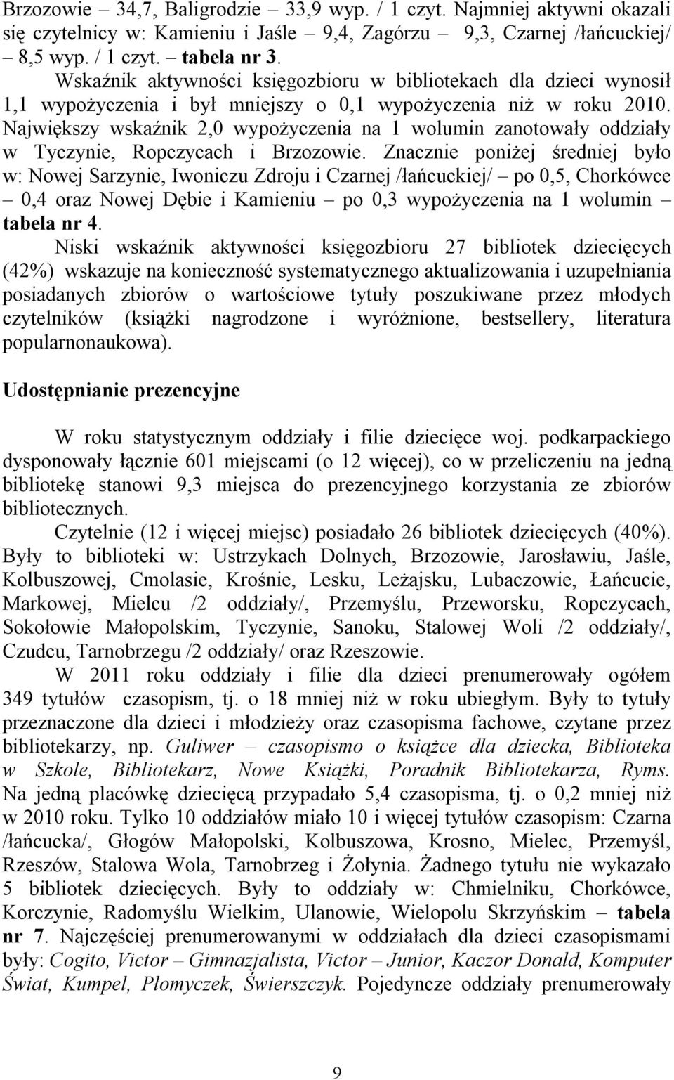 Największy wskaźnik 2,0 wypożyczenia na 1 wolumin zanotowały oddziały w Tyczynie, Ropczycach i Brzozowie.