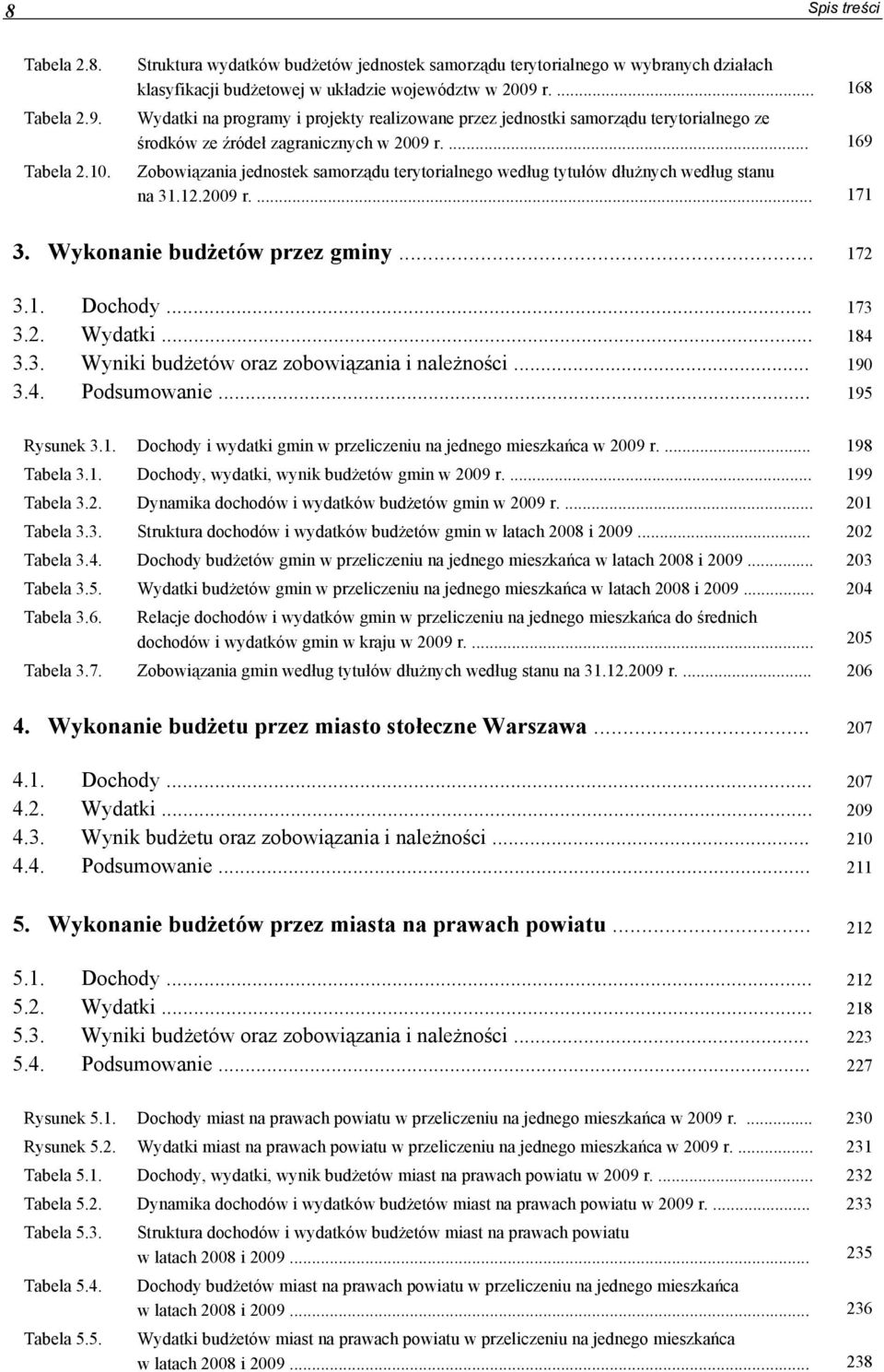 ... 169 Zobowiązania jednostek samorządu terytorialnego według tytułów dłużnych według stanu na 31.12.2009 r.... 171 3. Wykonanie budżetów przez gminy... 172 3.1. Dochody... 173 3.2. Wydatki... 184 3.