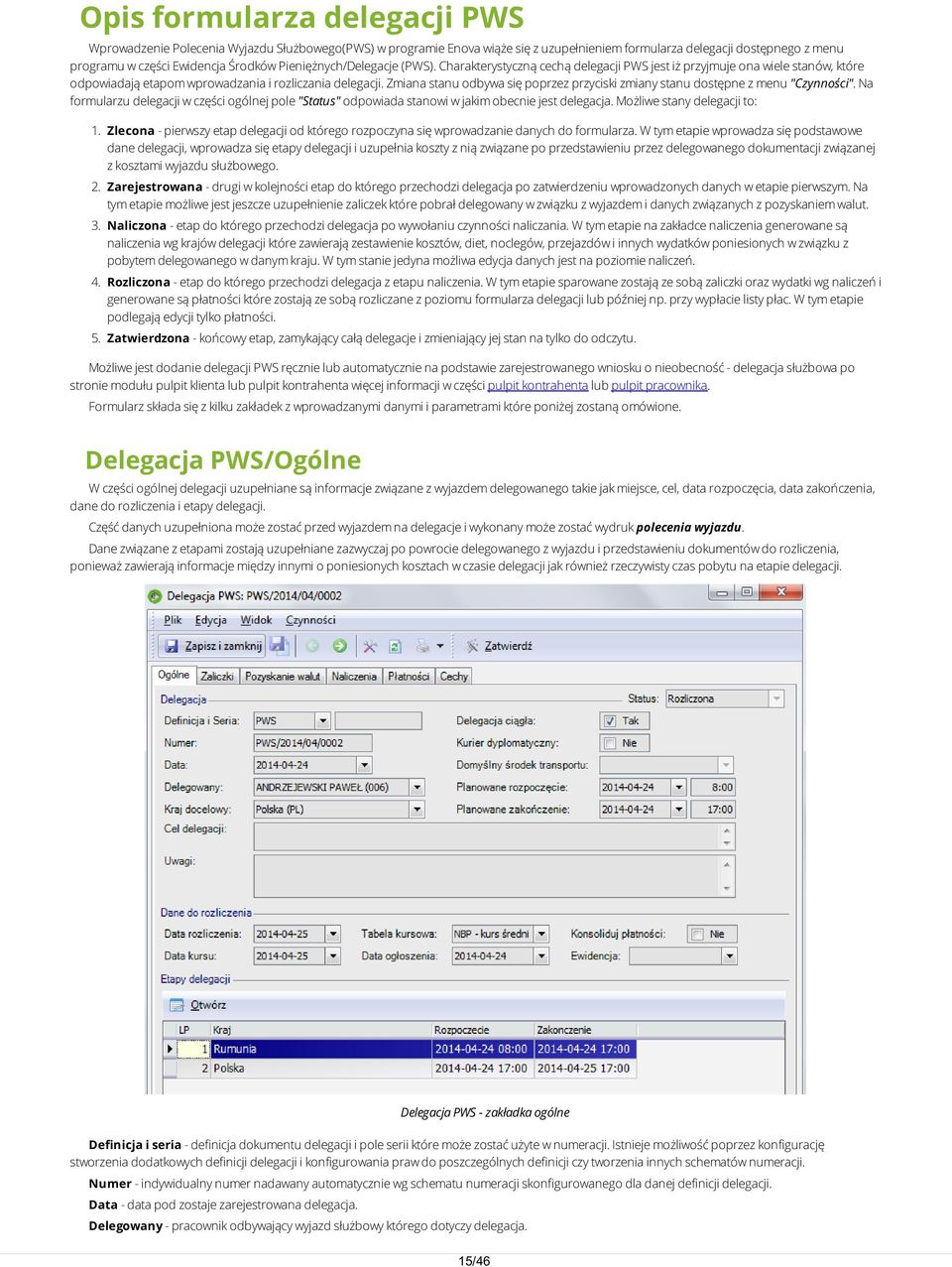 Zmiana stanu odbywa się poprzez przyciski zmiany stanu dostępne z menu "Czynności". Na formularzu delegacji w części ogólnej pole "Status" odpowiada stanowi w jakim obecnie jest delegacja.