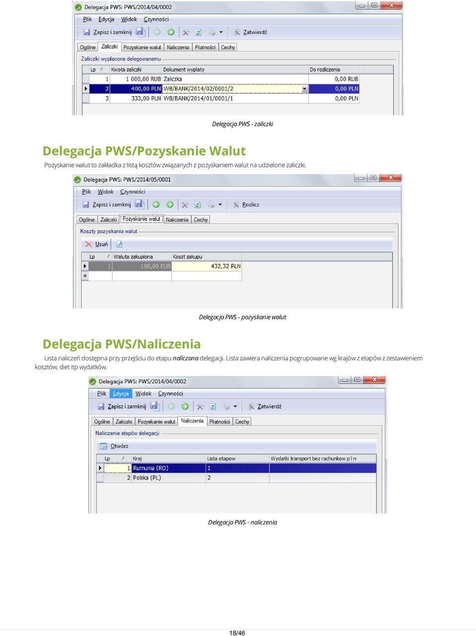 Delegacja PWS - pozyskanie walut Delegacja PWS/Naliczenia Lista naliczeń dostępna przy przejściu do