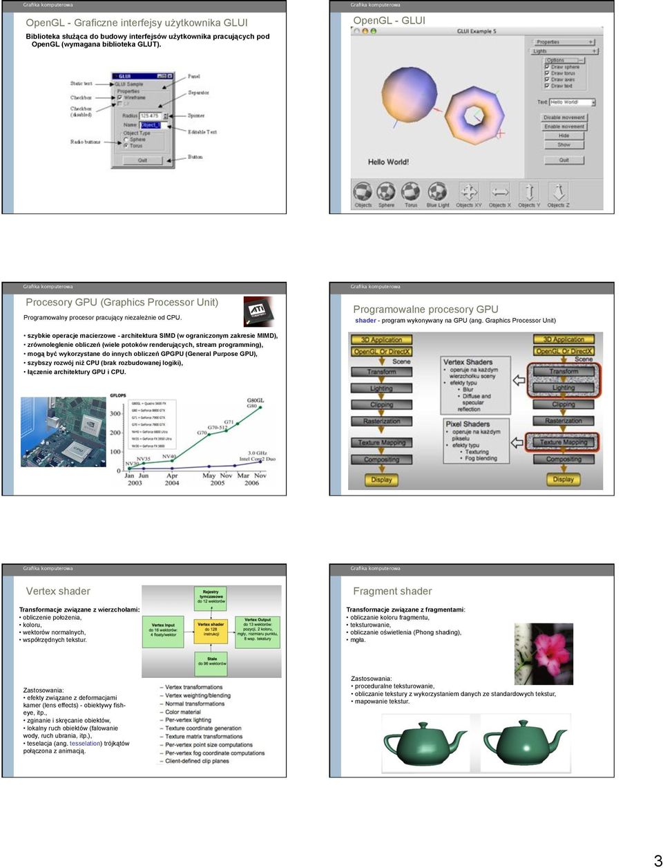 Graphics Processor Unit) szybkie operacje macierzowe - architektura SIMD (w ograniczonym zakresie MIMD), zrównoleglenie oblicze& (wiele potoków renderuj$cych, stream programming), mog$ by'
