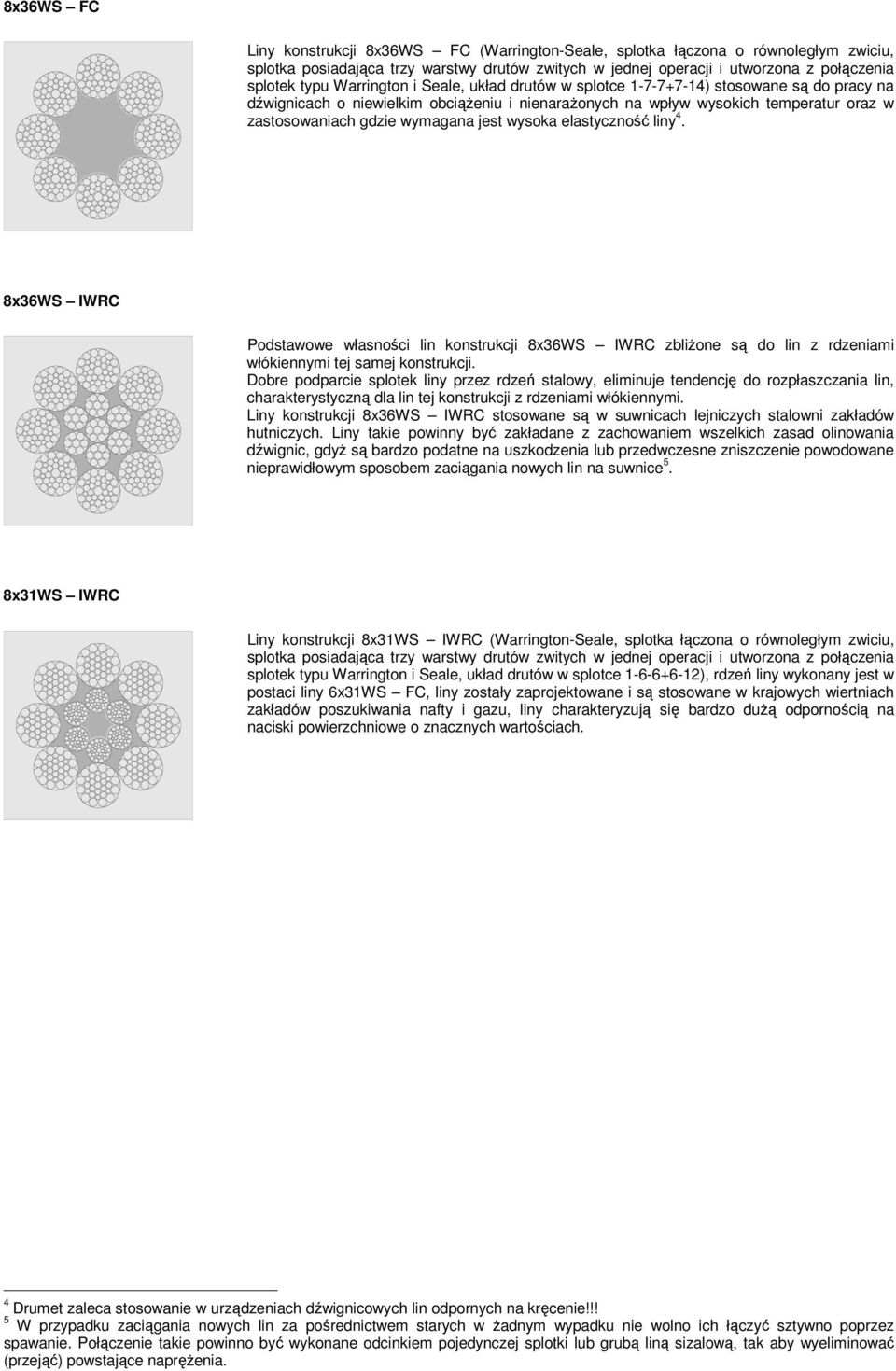 jest wysoka elastyczność liny 4. 8x36WS IWRC Podstawowe własności lin konstrukcji 8x36WS IWRC zbliŝone są do lin z rdzeniami włókiennymi tej samej konstrukcji.