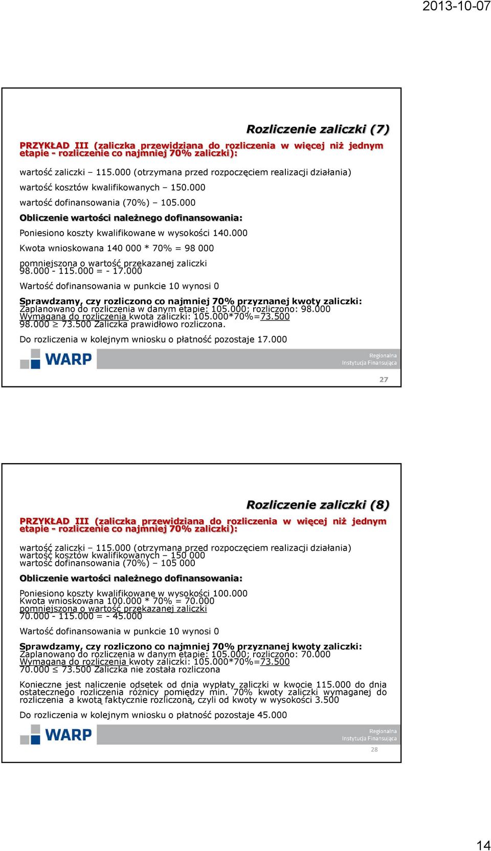 000 Obliczenie wartości należnego dofinansowania: Poniesiono koszty kwalifikowane w wysokości 140.000 Kwota wnioskowana 140 000 * 70% = 98 000 pomniejszona o wartość przekazanej zaliczki 98.000-115.