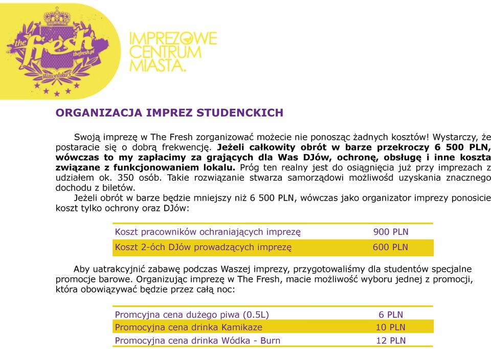 Próg ten realny jest do osiągnięcia już przy imprezach z udziałem ok. 350 osób. Takie rozwiązanie stwarza samorządowi możliwośd uzyskania znacznego dochodu z biletów.