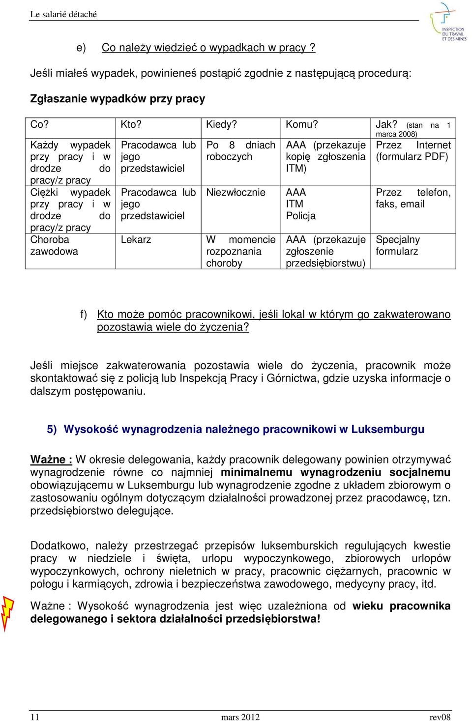 Pracodawca lub jego przedstawiciel Po 8 dniach roboczych Niezwłocznie Lekarz W momencie rozpoznania choroby AAA (przekazuje kopię zgłoszenia ITM) AAA ITM Policja AAA (przekazuje zgłoszenie