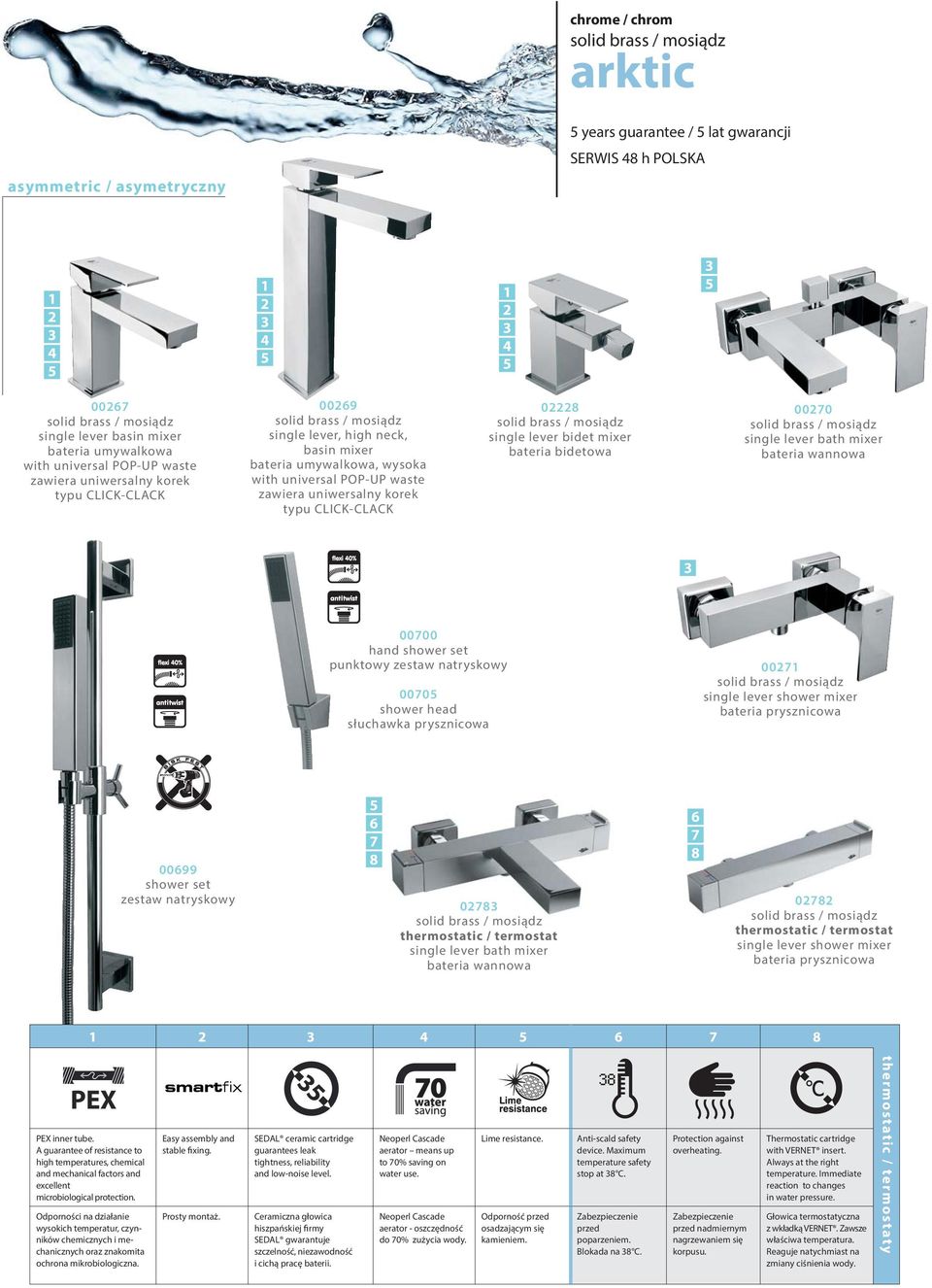 CLICK-CLACK 02228 single lever bidet mixer bateria bidetowa 00270 single lever bath mixer bateria wannowa 3 00700 hand shower set punktowy zestaw natryskowy 00705 shower head słuchawka prysznicowa