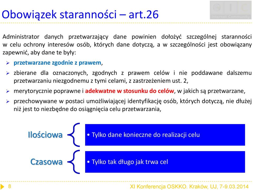 dane te były: przetwarzane zgodnie z prawem, zbierane dla oznaczonych, zgodnych z prawem celów i nie poddawane dalszemu przetwarzaniu niezgodnemu z tymi celami, z zastrzeżeniem ust.