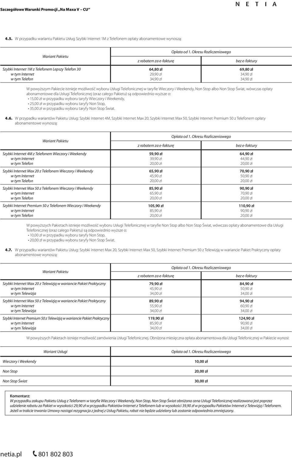 Pakietu) są odpowiednio wyższe o: 15,00 zł w przypadku wyboru taryfy Wieczory i Weekendy, 25,00 zł w przypadku wyboru taryfy Non Stop, 35,00 zł w przypadku wyboru taryfy Non Stop Świat. 4.6.