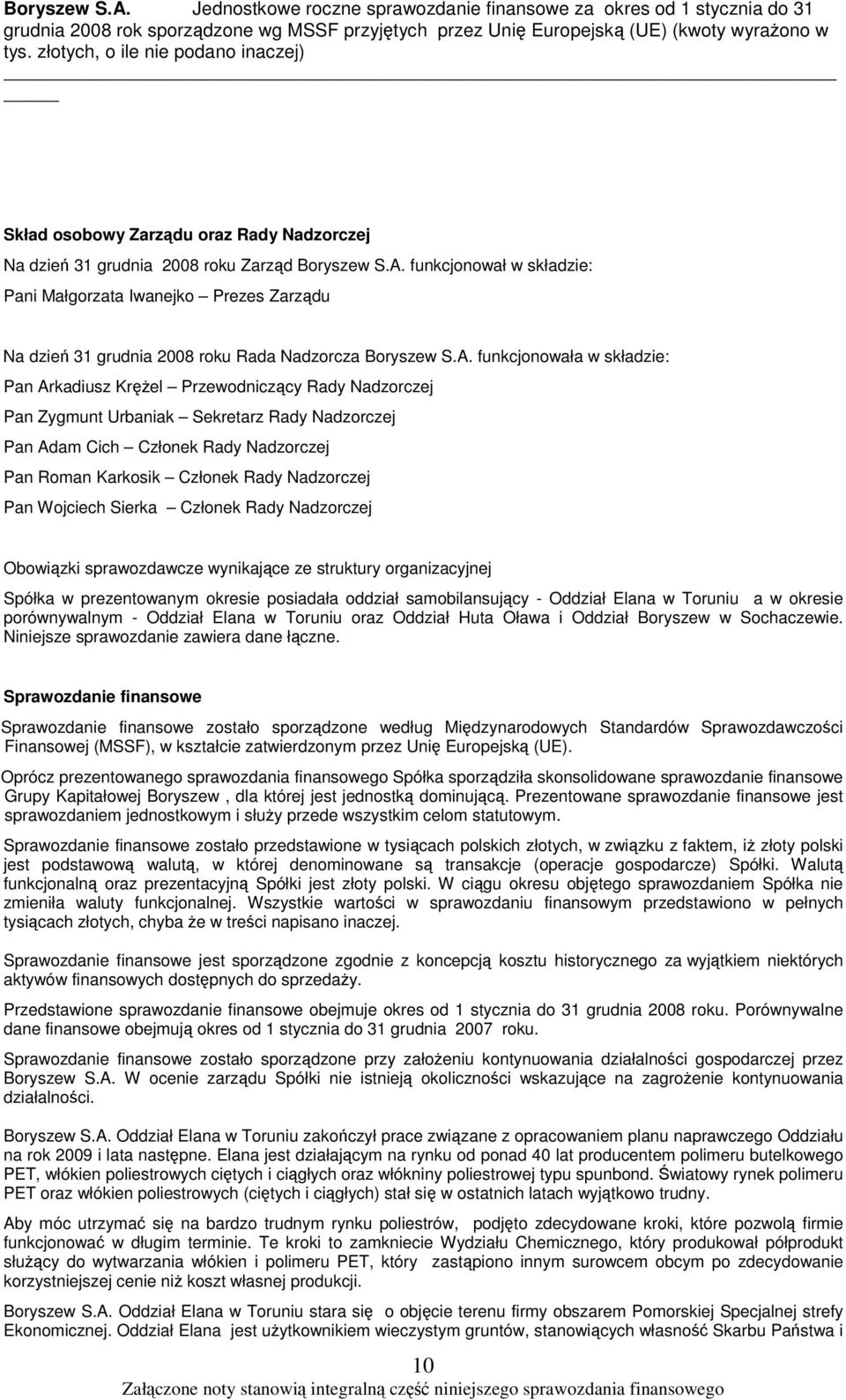 funkcjonowała w składzie: Pan Arkadiusz Krel Przewodniczcy Rady Nadzorczej Pan Zygmunt Urbaniak Sekretarz Rady Nadzorczej Pan Adam Cich Członek Rady Nadzorczej Pan Roman Karkosik Członek Rady