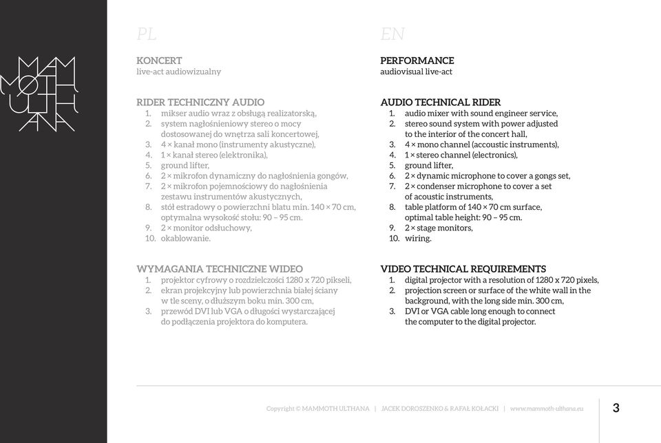 2 mikrofon dynamiczny do nagłośnienia gongów, 7. 2 mikrofon pojemnościowy do nagłośnienia zestawu instrumentów akustycznych, 8. stół estradowy o powierzchni blatu min.