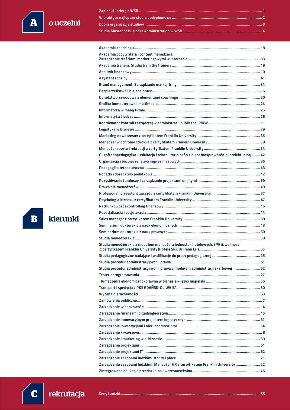 .. 41 Brand management. Zarządzanie marką firmy... 34 Bezpieczeństwo i higiena pracy... 6 Doradztwo zawodowe z elementami coachingu...20 Grafika komputerowa i multimedia.