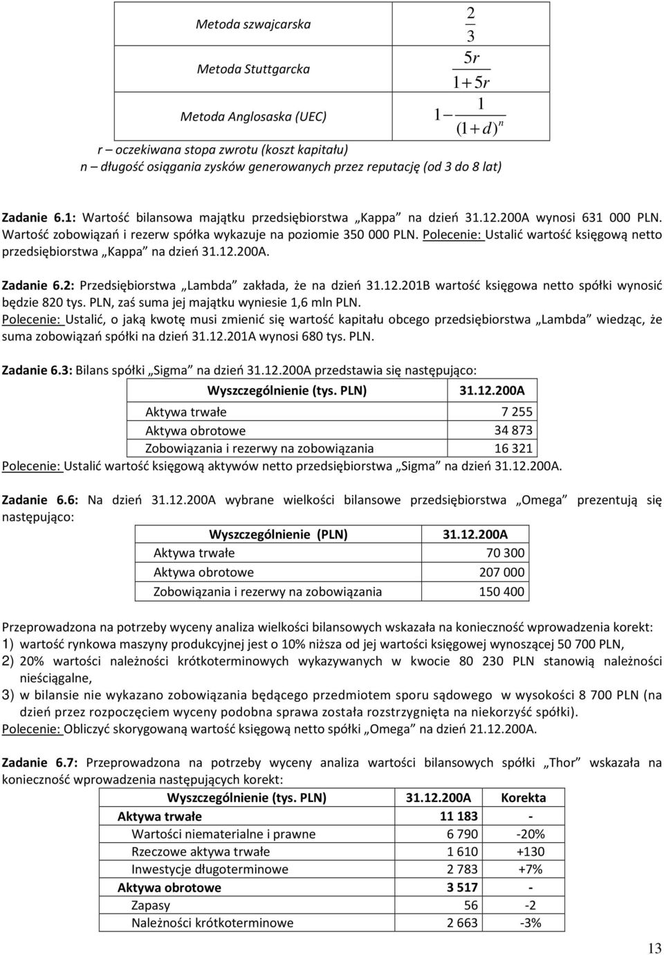 Poleceie: Usalić warość księgową eo przedsiębiorswa Kappa a dzień 31.12.200A. Zadaie 6.2: Przedsiębiorswa Lambda zakłada, że a dzień 31.12.201B warość księgowa eo spółki wyosić będzie 820 ys.