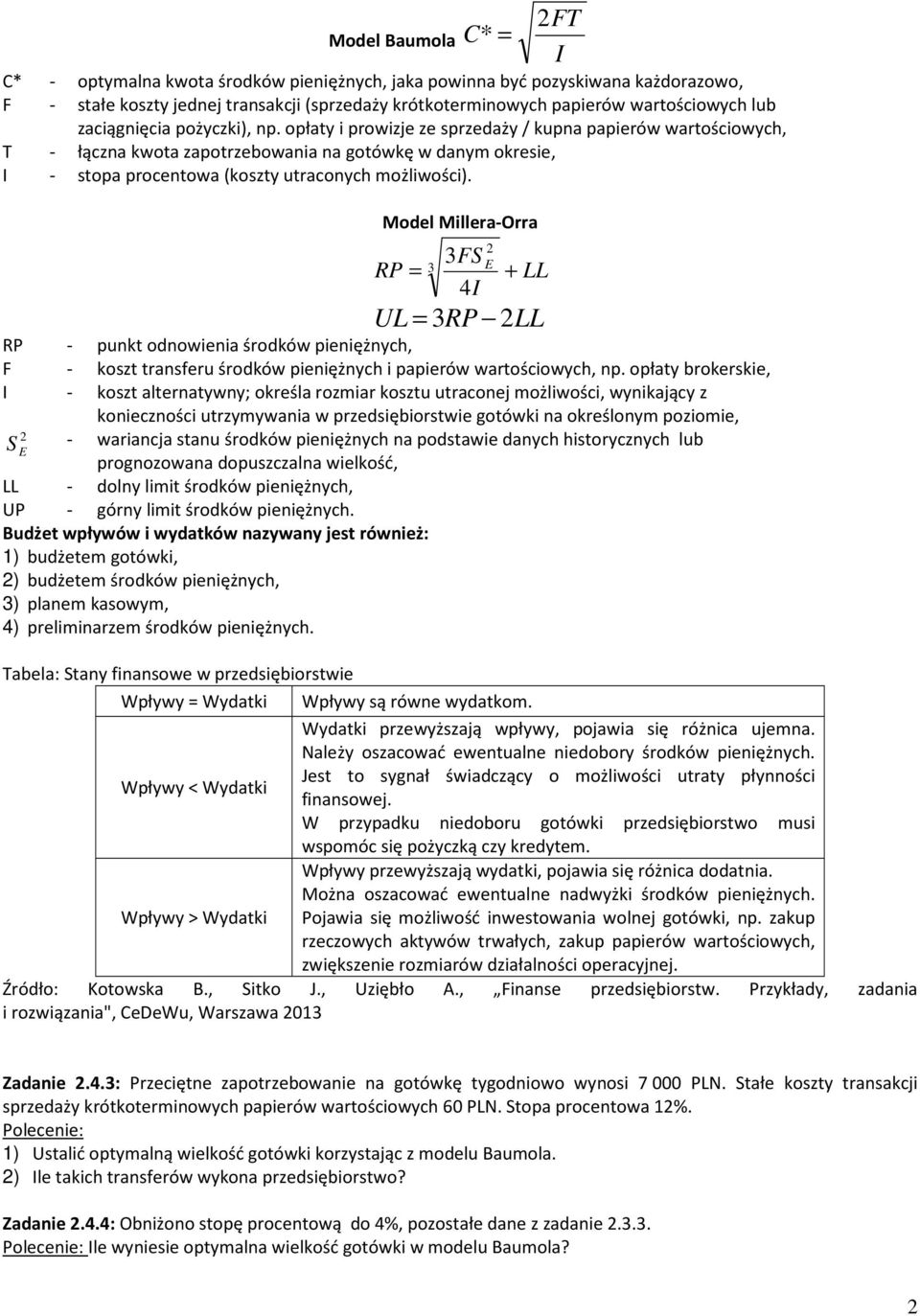 Model Millera-Orra 2 3FS RP = 3 + LL 4I UL = 3RP 2LL RP - puk odowieia środków pieiężych, F - kosz rasferu środków pieiężych i papierów warościowych, p.