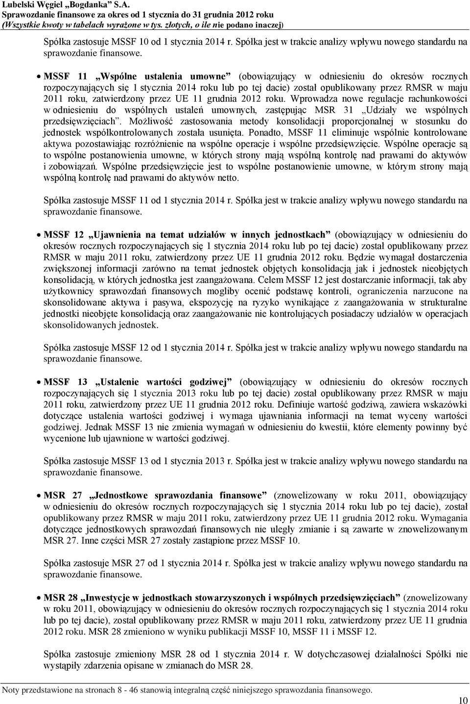 zatwierdzony przez UE 11 grudnia 2012 roku. Wprowadza nowe regulacje rachunkowości w odniesieniu do wspólnych ustaleń umownych, zastępując MSR 31 Udziały we wspólnych przedsięwzięciach.