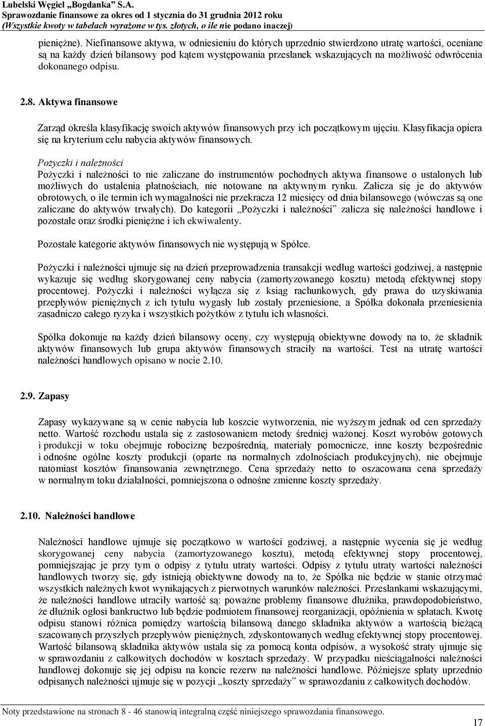 dokonanego odpisu. 2.8. Aktywa finansowe Zarząd określa klasyfikację swoich aktywów finansowych przy ich początkowym ujęciu. Klasyfikacja opiera się na kryterium celu nabycia aktywów finansowych.