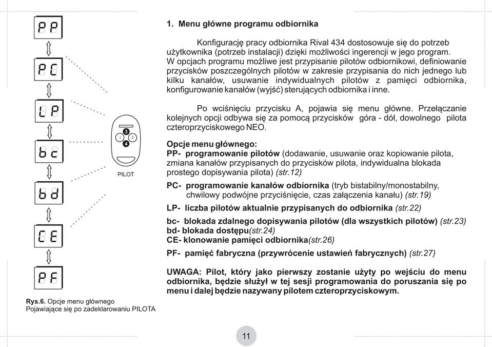 pilotów z pamięci odbiornika, konfigurowanie kanałów (wyjść) sterujących odbiornika i inne. Rys.6.