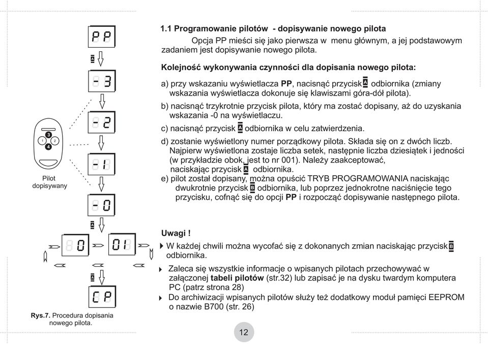 klawiszami góra-dół pilota). b) nacisnąć trzykrotnie przycisk pilota, który ma zostać dopisany, aż do uzyskania wskazania -0 na wyświetlaczu. c) nacisnąć przycisk odbiornika w celu zatwierdzenia.