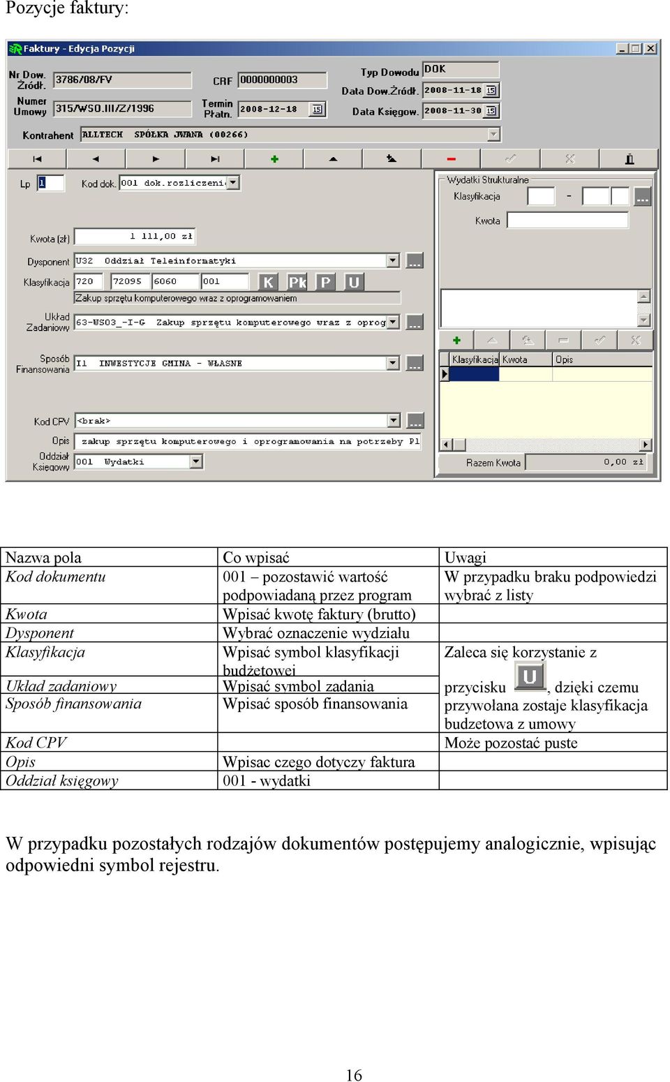 zadania przycisku, dzięki czemu Sposób finansowania Wpisać sposób finansowania przywołana zostaje klasyfikacja budzetowa z umowy Może pozostać puste