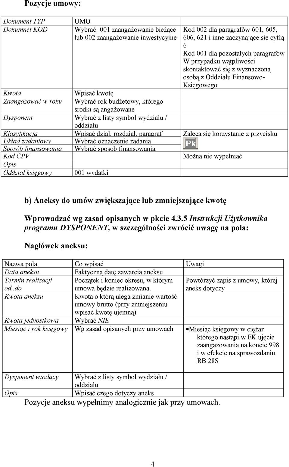 dział, rozdział, paragraf Zaleca się korzystanie z przycisku Układ zadaniowy Sposób finansowania Oddział księgowy Wybrać oznaczenie zadania Wybrać sposób finansowania 001 wydatki Można nie wypełniać