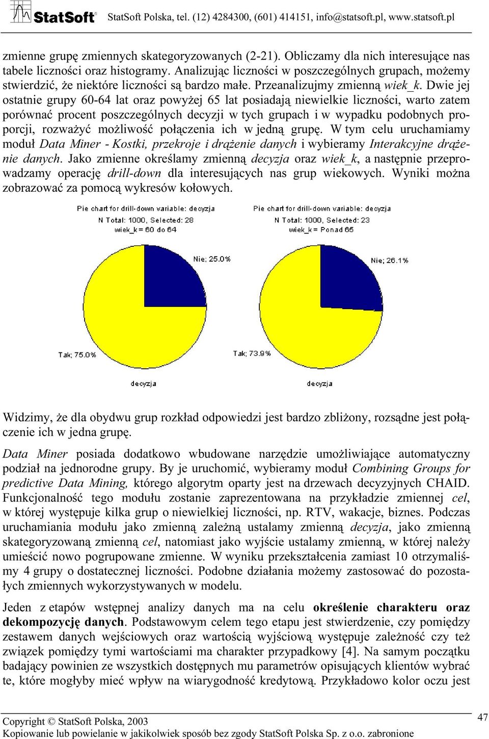 Dwie jej ostatnie grupy 60-64 lat oraz powyżej 65 lat posiadają niewielkie liczności, warto zatem porównać procent poszczególnych decyzji w tych grupach i w wypadku podobnych proporcji, rozważyć