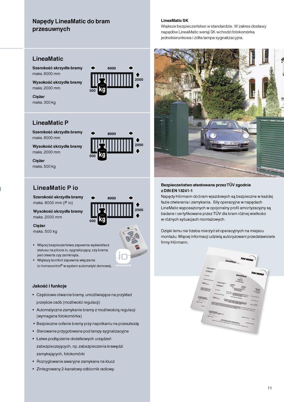 2000 mm Ciężar maks. 300 kg 300 6000 2000 LineaMatic P Szerokość skrzydła bramy maks. 8000 mm Wysokość skrzydła bramy maks. 2000 mm Ciężar maks.