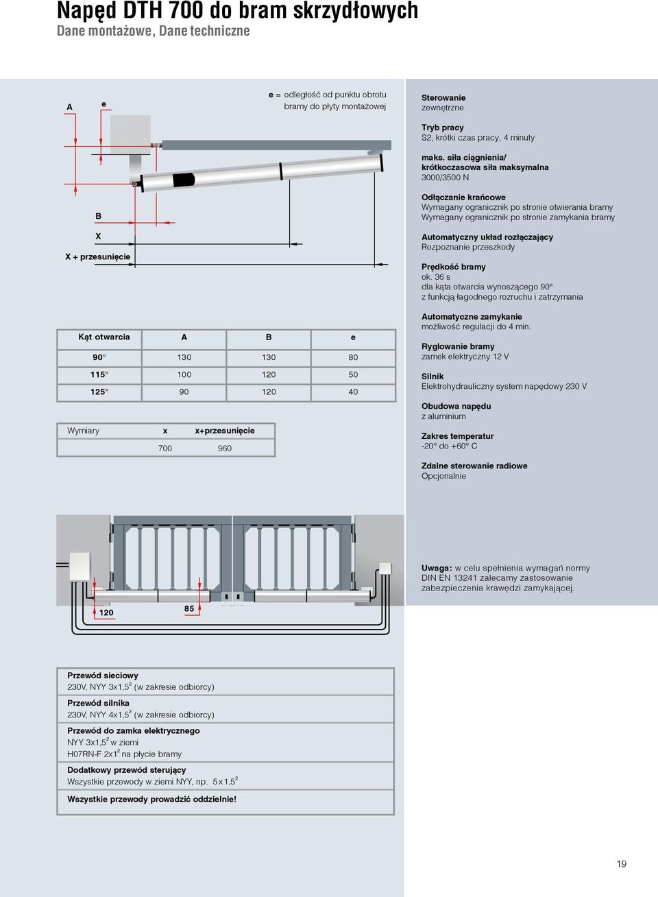 Kąt otwarcia A B e 90 130 130 80 115 100 120 50 125 90 120 40 Wymiary x x+przesunięcie 700 960 Automatyczny układ rozłączający Rozpoznanie przeszkody Prędkość bramy ok.