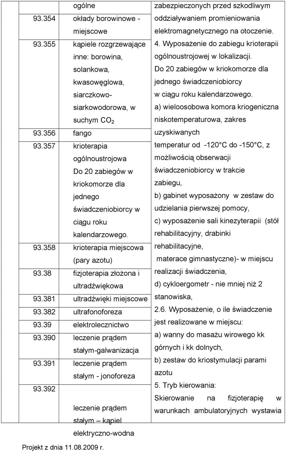 38 fizjoterapia złożona i ultradźwiękowa 93.381 ultradźwięki miejscowe 93.382 ultrafonoforeza 93.39 elektrolecznictwo 93.390 leczenie prądem stałym-galwanizacja 93.