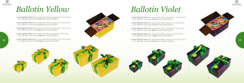 MB1592, cena netto 66,67 zł, cena brutto 82,00 zł Easter Ballotin Yellow no. 4 masa netto 460 g, wymiary 9 x 16,5 x 8 cm, nr art. MB1593, cena netto 79,68 zł, cena brutto 98,00 zł 5.