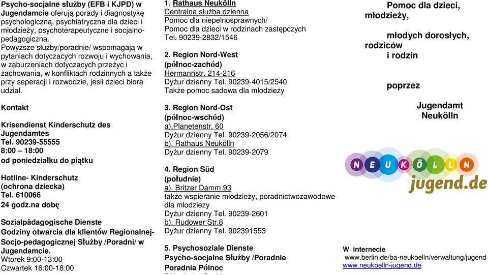 dzieci biora udzial. Kontakt Krisendienst Kinderschutz des Jugendamtes Tel. 90239-55555 8:00 18:00 od poniedziałku do piątku Hotline- Kinderschutz (ochrona dziecka) Tel. 610066 24 godz.