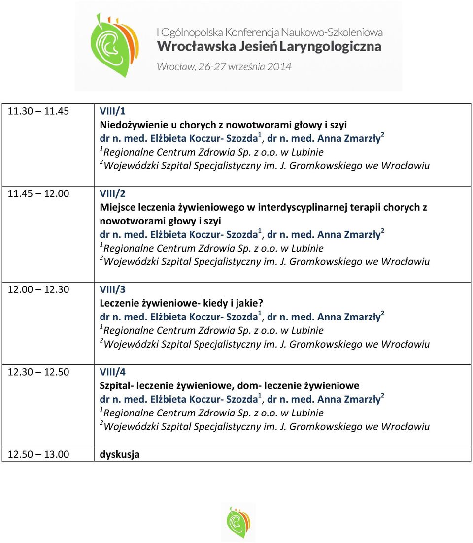 z o.o. w Lubinie 2 Wojewódzki Szpital Specjalistyczny im. J. Gromkowskiego we 12.00 12.30 VIII/3 Leczenie żywieniowe- kiedy i jakie? dr n. med. Elżbieta Koczur- Szozda 1, dr n. med. Anna Zmarzły 2 1 Regionalne Centrum Zdrowia Sp.